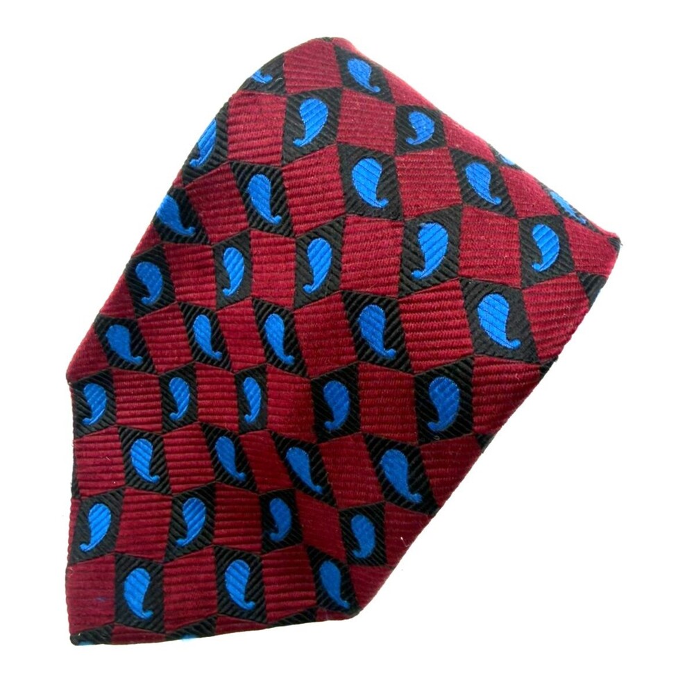 Vintage Villa Bugatti Silk Tie Red Black Geometric Jacquard Blue Paisley 90s